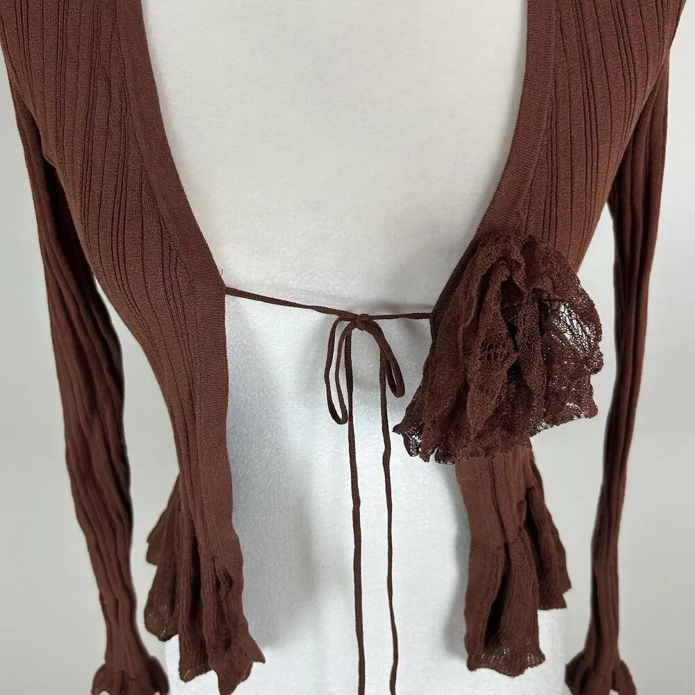 Zara S Brown Pointelle Cardigan Brown Ruffle Tie Front Top Festival Y2K Blogger